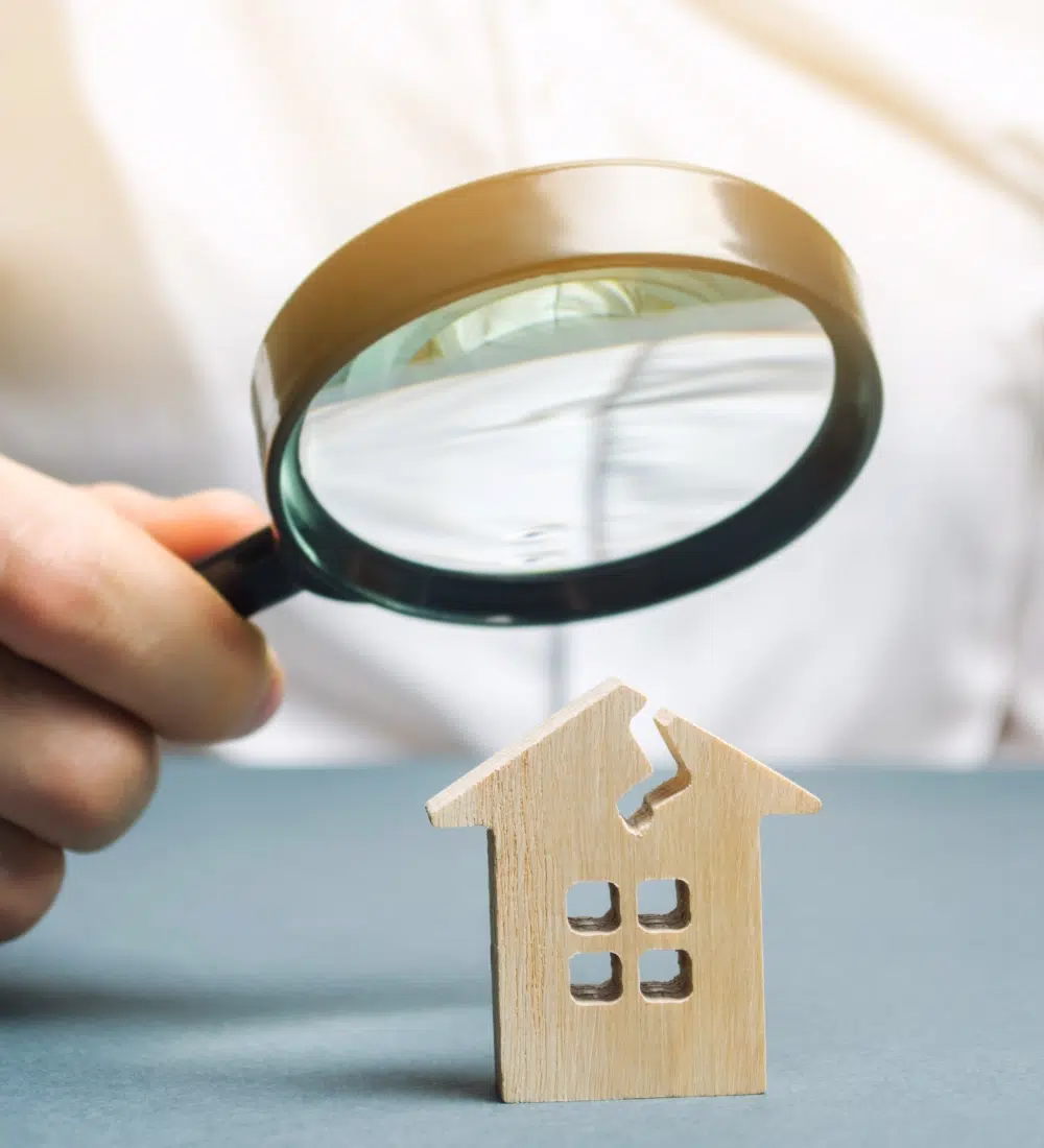 Loupe sur maison en bois fissurée