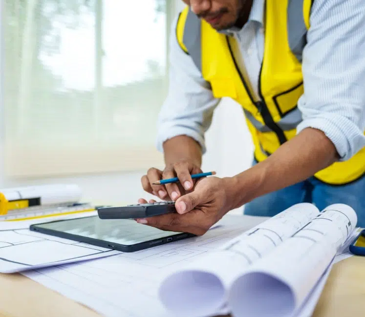 Homme en gilet jaune utilisant une calculatrice