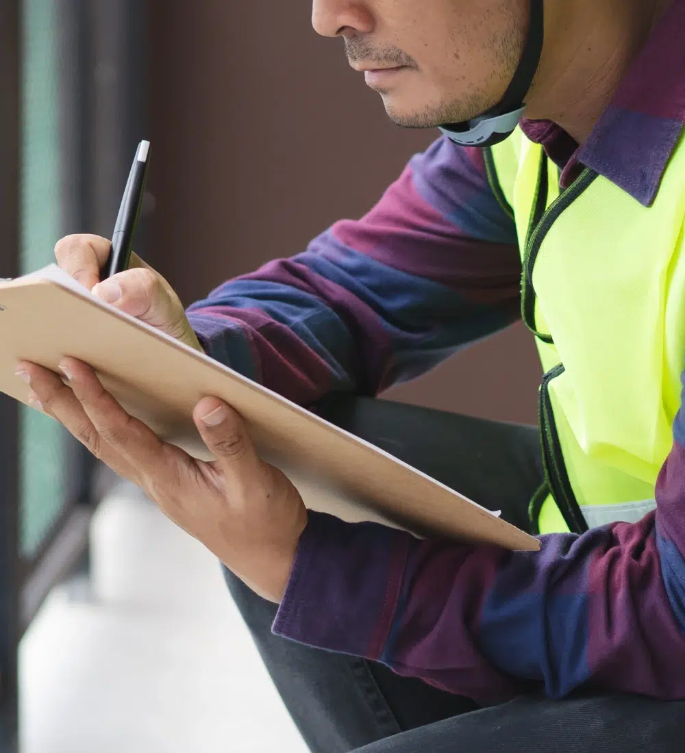Homme écrivant sur un clipboard